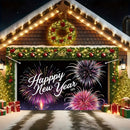1pc de poliéster tejido de Año Nuevo pancarta de puerta de garaje, 400.0x180.01cm, diseño clásico de fuegos artificiales de dibujos animados, decoración para interior/exterior para Navidad, Halloween, Pascua, Acción de Gracias, Día de San Valentín - No s