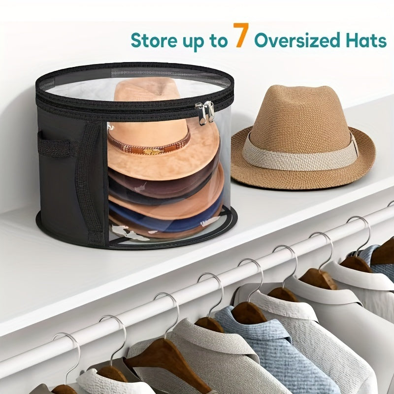 1pc Organizador de almacenamiento de sombreros de tela ClearView, contenedor de sombreros apilable redondo con ventana frontal grande, cesta de almacenamiento de ropa con cremallera portátil para sombreros de playa y ala ancha