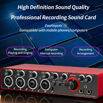 Conector de Audio de 4 Canales BOMGE para Grabación - 24bits/192kHz, USB y XLR, Mezclador de PC para Guitarra con 4 Conectores de Micrófono, Consola de Sonido Estudio para Cantantes, Rojo, Compatible con Portátiles