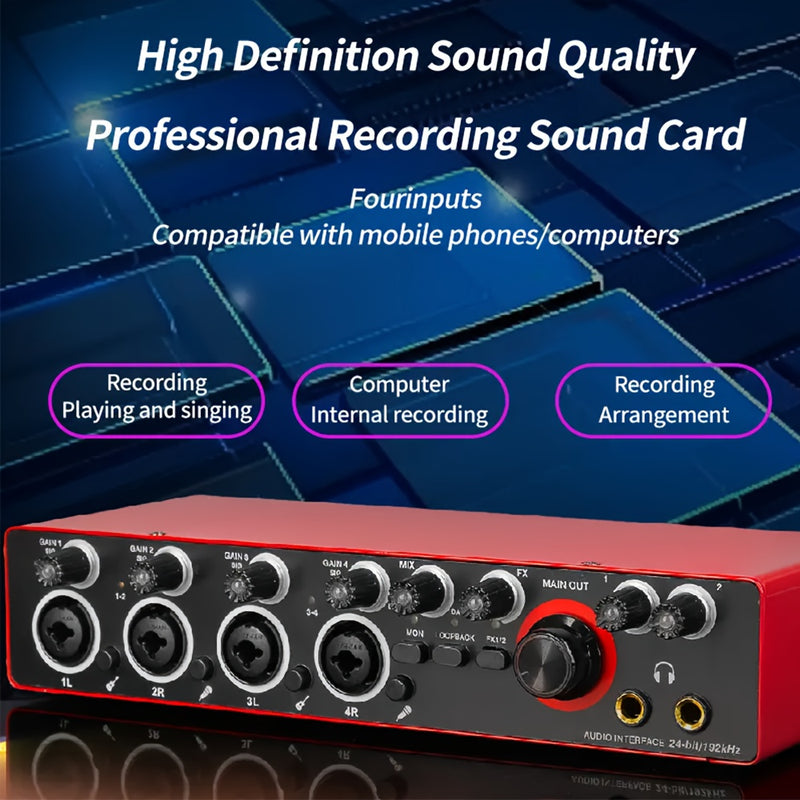 Conector de Audio de 4 Canales BOMGE para Grabación - 24bits/192kHz, USB y XLR, Mezclador de PC para Guitarra con 4 Conectores de Micrófono, Consola de Sonido Estudio para Cantantes, Rojo, Compatible con Portátiles