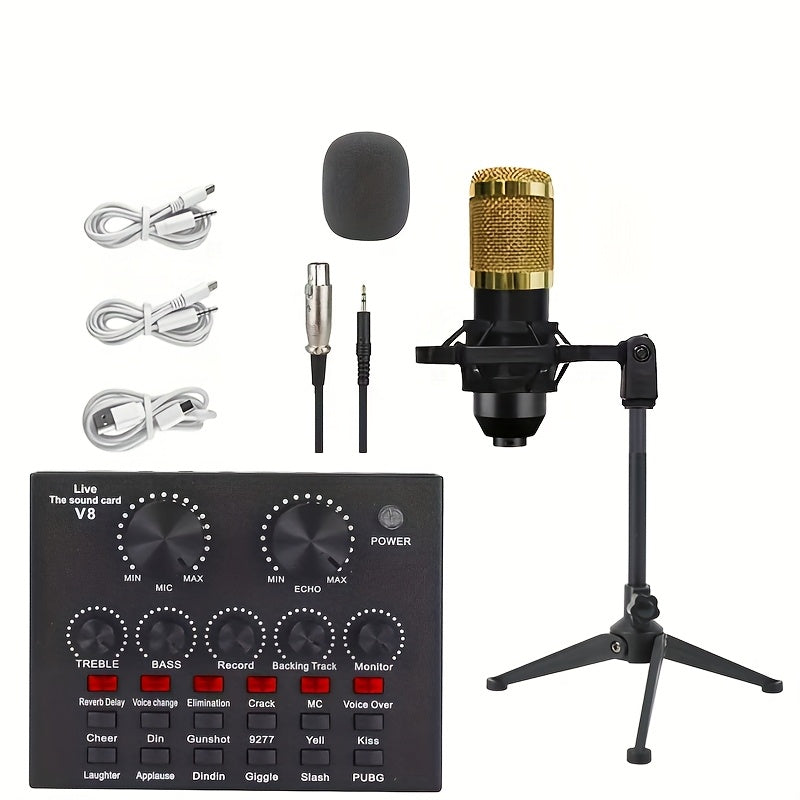 Paquete de equipo de podcasting de escritorio V8 con interfaz de audio y tarjeta de sonido en vivo integrada, y micrófono condensador BM800. Micrófono de podcasting adecuado para grabación, transmisión y streaming en vivo.