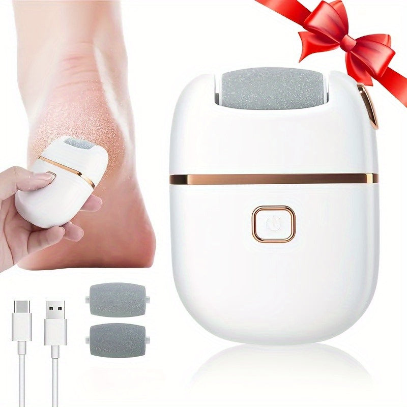Exfoliador de pies portátil recargable por USB: 2 cabezas de repuesto para pulido de capas gruesas, cuidado fácil para pies secos y agrietados