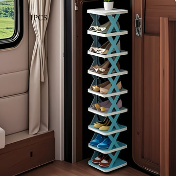 1 estante plegable para zapatos que ahorra espacio con diseño de doble fila para autocaravanas, baños y dormitorios - Plástico de PVC azul duradero, caja de almacenamiento compacta y portátil, organizador de almacenamiento de zapatos