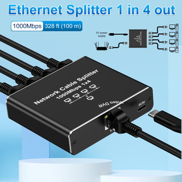 Divisor de Ethernet Gigabit de alta velocidad 1 a 4, 1000 Mbps, alimentado por USB, distribuidor de cable de red, extensión LAN RJ45 para cables Cat8/7/6/5e/5, control fácil con botón, plug and play