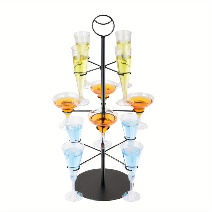 Elegante soporte de árbol de cóctel de 3 niveles con 12 soportes - Estante de exhibición de copas de champán con acabado negro para fiestas y eventos, construcción metálica, perfecto para organizar bebidas, soporte de árbol de cóctel