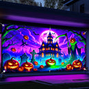 1pc Banderín UV que Brilla en la Oscuridad para Halloween - Diseño de Casa Encantada con Calabazas, Murciélagos y Lápidas, Decoración Grande de Tela Poliéster para Puertas de Garaje o Interiores/Exteriores, Sin Necesidad de Energía, Adornos Festivos, Amb