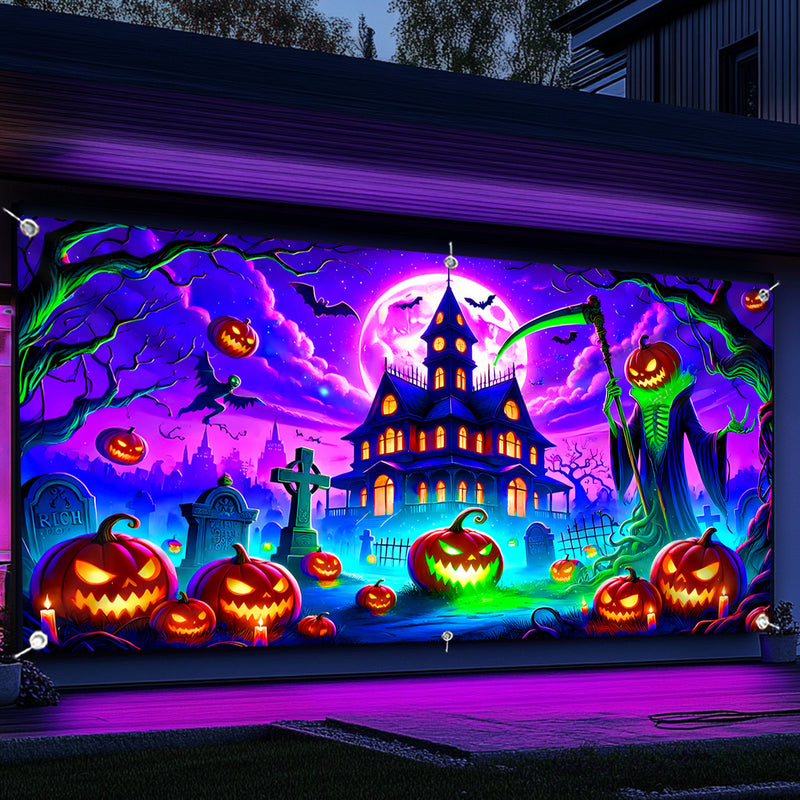 1pc Banderín UV que Brilla en la Oscuridad para Halloween - Diseño de Casa Encantada con Calabazas, Murciélagos y Lápidas, Decoración Grande de Tela Poliéster para Puertas de Garaje o Interiores/Exteriores, Sin Necesidad de Energía, Adornos Festivos, Amb