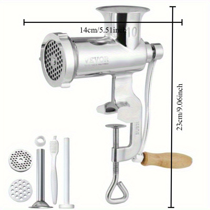 Molino de carne manual de acero inoxidable - Herramienta de cocina con manivela para picar carne y verduras, procesador de alimentos multifuncional no eléctrico con mango ergonómico, diseño duradero para cocina en casa, molino de verduras, acabado metáli