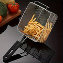 1 cesta de freír de acero inoxidable con mango de metal - Fácil de limpiar, plegable, resistente al calor, ideal para patatas fritas, alas de pollo | Herramienta de cocina comercial y doméstica, estructura de malla | Herramienta de cocina duradera, herra
