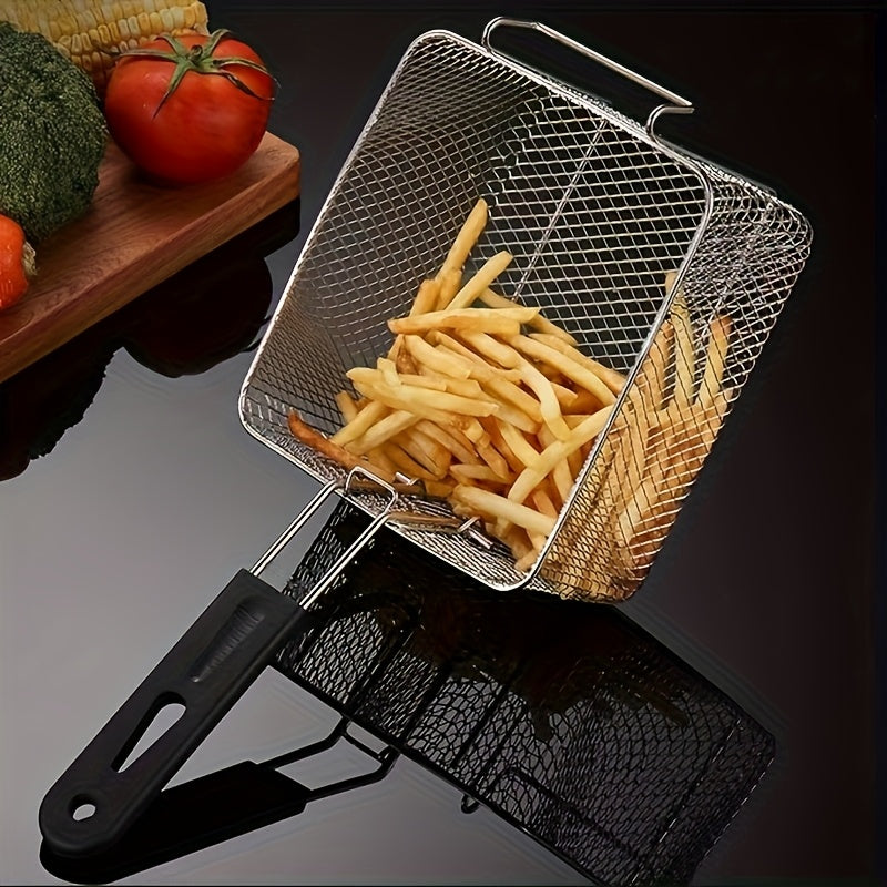 1 cesta de freír de acero inoxidable con mango de metal - Fácil de limpiar, plegable, resistente al calor, ideal para patatas fritas, alas de pollo | Herramienta de cocina comercial y doméstica, estructura de malla | Herramienta de cocina duradera, herra