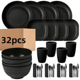 Juego de vajilla de plástico de 32 piezas, irrompible y liviano, para 4 personas: platos, tazones y tazas negros, con tenedores, cucharas y cuchillos, reutilizable, apto para microondas y lavavajillas, ideal para hogar, picnic o colección de vajilla temá