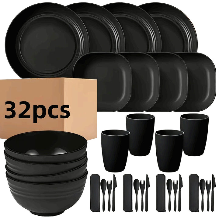 Juego de vajilla de plástico de 32 piezas, irrompible y liviano, para 4 personas: platos, tazones y tazas negros, con tenedores, cucharas y cuchillos, reutilizable, apto para microondas y lavavajillas, ideal para hogar, picnic o colección de vajilla temá