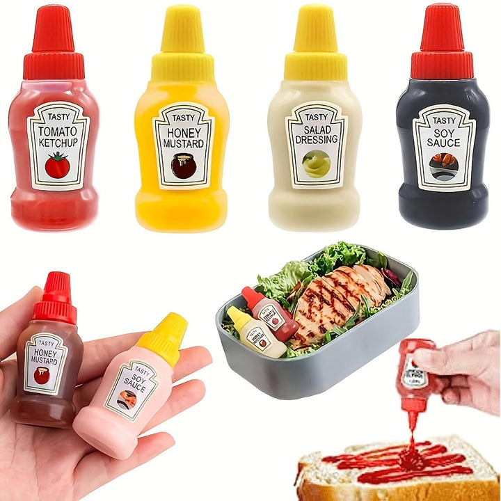 Juego de 4 Botellas Compactas para Condimentos - A prueba de Fugas, Recipientes de Plástico Reutilizables para Ketchup, Mostaza, Mayonesa y Aderezo para Ensaladas, 21g - Ideales para Loncheras, Picnics y Comidas al Día, Botellas de Ketchup y Mostaza