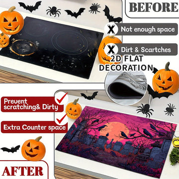 2D Plano, 2D Plano Cubierta Eléctrica de Estufa - Decoración de Cocina de Halloween, Protector de Estufa de Gas con Diseño de Silueta de Calabaza y Murciélago, Perfecto para Cualquier Cocina, Protección de Estufa, 1 Pieza, Protector de Estufa | Accesorio