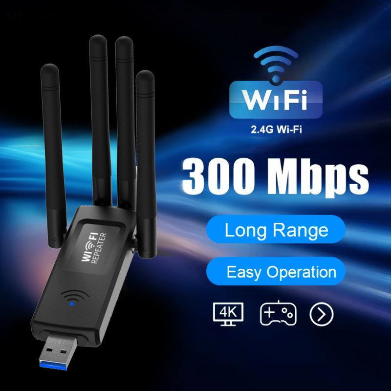 Repetidor inalámbrico USB WiFi de 300 Mbps con 4 antenas - Extensor de rango largo, fácil de usar, soporte para 4K y juegos, adaptador de red para hogar para PC, portátil, Smart TV, router, extensor de red inalámbrica, diseño elegante, construcción durad