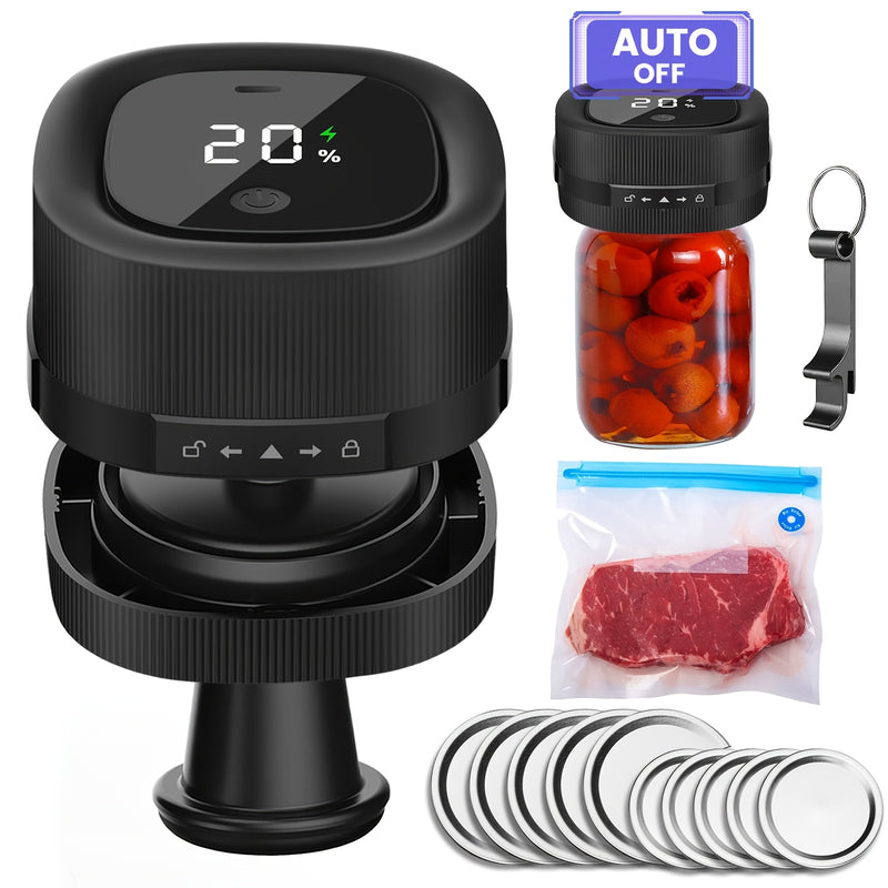 Sellador de Vacío Automático para Frascos Mason - Recargable por USB, Compatibilidad con 5 Tapas Anchas y 5 Regulares, Ideal para el Almacenamiento de Productos Secos, Plástico Seguro para Alimentos, Máquina de Sellado al Vacío | Gadget de Cocina Moderna