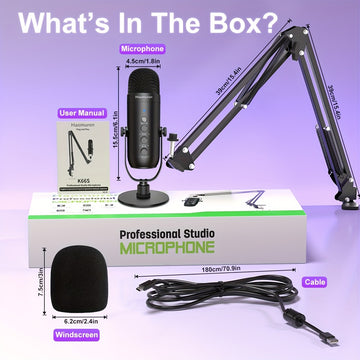Kit de Micrófono Profesional de la Marca Haomuren, Soporte de Escritorio y Boom con Filtro Anti-pop, Compatibilidad USB Plug-and-Play para Varios Dispositivos · Silencio con Un Botón · Monitoreo en Tiempo Real · Efecto de Reverberación · Adecuado para Gr