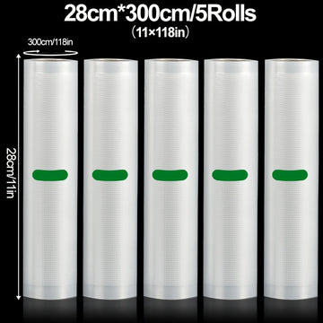 Paquete de 5 Rollos para Sellado al Vacío, Longitud de 3 Metros, Varios Anchos, Adecuados para Almacenamiento de Alimentos y Cocina Lenta a Baja Temperatura - Diseño Resistente al Desgarro Garantiza Máxima Frescura y Mayor Duración - Seguro para Contacto