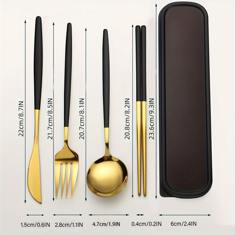 Juego de cubiertos portátil de acero inoxidable, 5 piezas, incluye cuchillo, tenedor, cuchara, palillos y caja de almacenamiento, ideal para exteriores, familia, oficina, estudiantes, fiestas y bodas