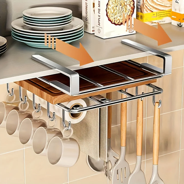 Estante de almacenamiento de cocina de doble capa con montaje en pared de acero inoxidable con acabado de madera - Diseño sin taladro para ahorrar espacio para tablas de corte, tapas, espátulas y utensilios - Organizador de puertas de armarios de cocina