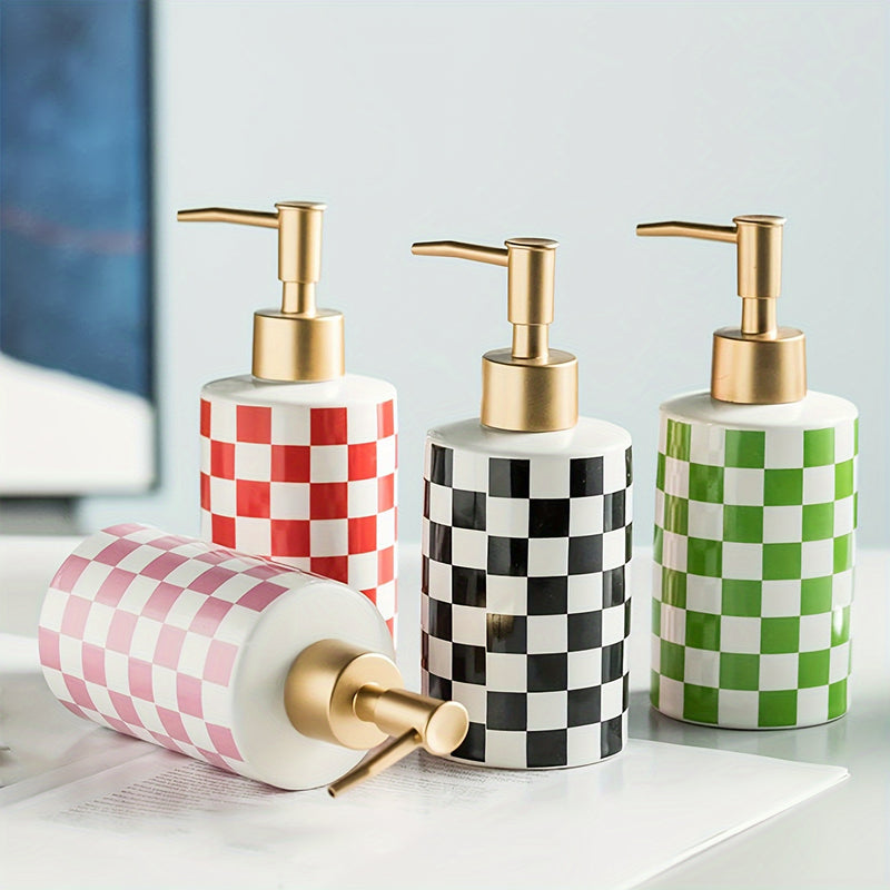 Dispensador de Jabón de Cerámica a Cuadros con Bomba Dorada Mate Antioxidante, Dispensador Decorativo para Baño o Cocina