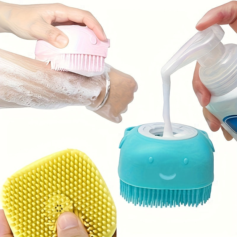 Cepillo de baño de silicona, 1 unidad, con tapa abierta y cerdas suaves, mango antideslizante, dispensador de jabón incorporado, para exfoliación y limpieza suave, sin fragancia, sin pilas, diseño divertido, ideal para viajes
