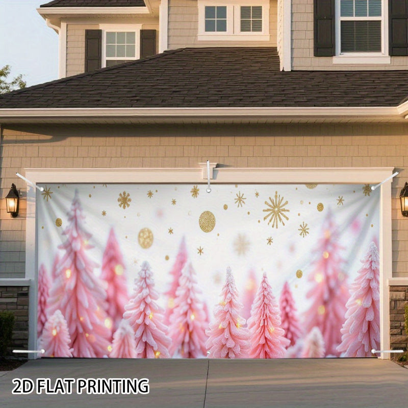 Banner de puerta 2D, 1 unidad, decoración navideña árbol rosa bosque navideño, poliéster, para fiestas hawaianas, bodas y decoraciones, fondo para habitaciones o jardín exterior