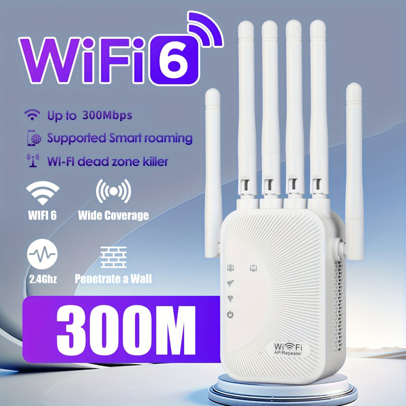 Amplificador de Señal Ourlife Estándar EE. UU. - Extensor WiFi 2.4GHz de 300Mbps, Banda Alta con Soporte de 6 Antenas Potente para Hogares, Centros Comerciales y Cafeterías