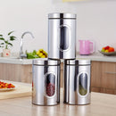 Tarros de Almacenamiento para Cocina, 3 Piezas en Acero Inoxidable con Ventana Transparente - Ideales para Café, Té y Granos - Organizador Redondo Reutilizable con Tapas Abatibles | Solución de Almacenaje Moderna | Utensilios de Cocina Duraderos