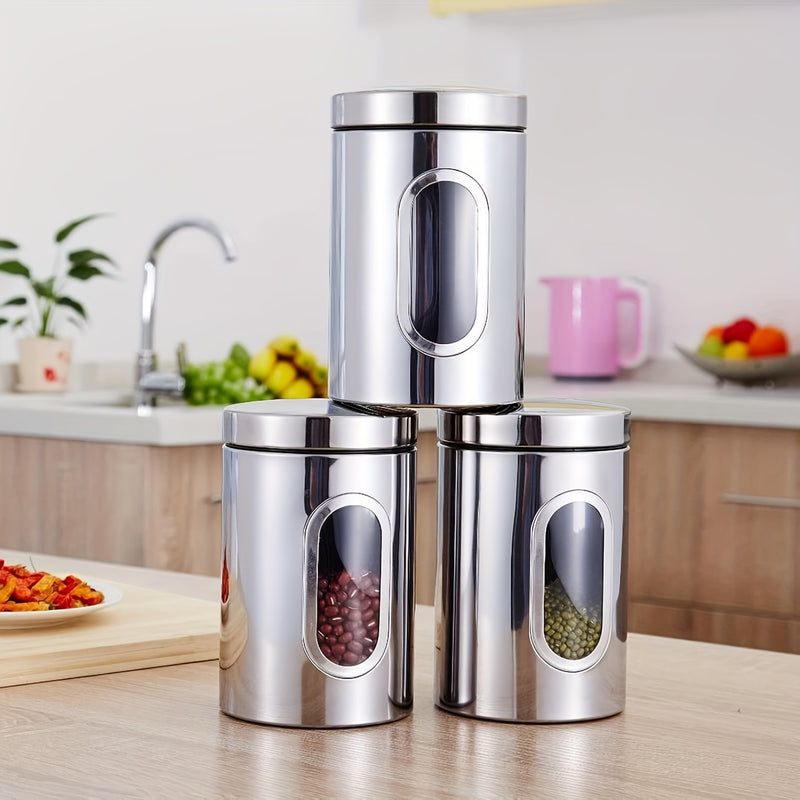Tarros de Almacenamiento para Cocina, 3 Piezas en Acero Inoxidable con Ventana Transparente - Ideales para Café, Té y Granos - Organizador Redondo Reutilizable con Tapas Abatibles | Solución de Almacenaje Moderna | Utensilios de Cocina Duraderos