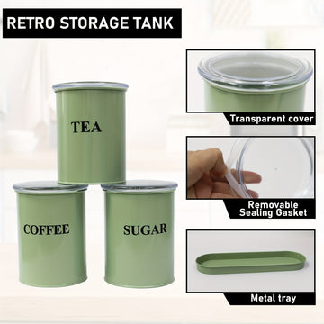 Juego de 3 Tarros para Azúcar, Café y Té, Almacén de Alimentos de Metal Hermético, Tarros de Cocina con Bandeja, Verde