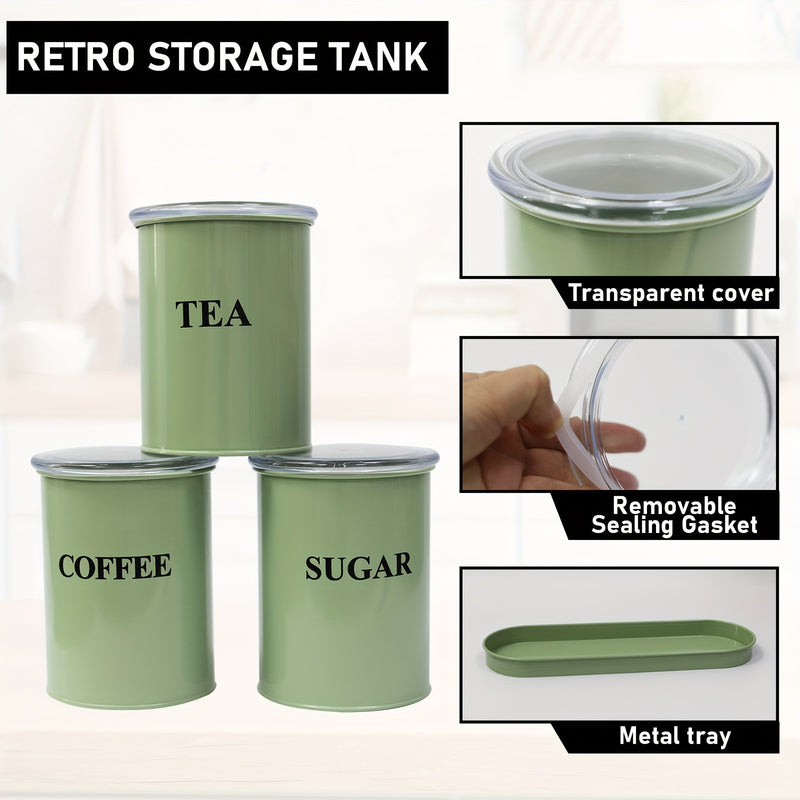 Juego de 3 Tarros para Azúcar, Café y Té, Almacén de Alimentos de Metal Hermético, Tarros de Cocina con Bandeja, Verde