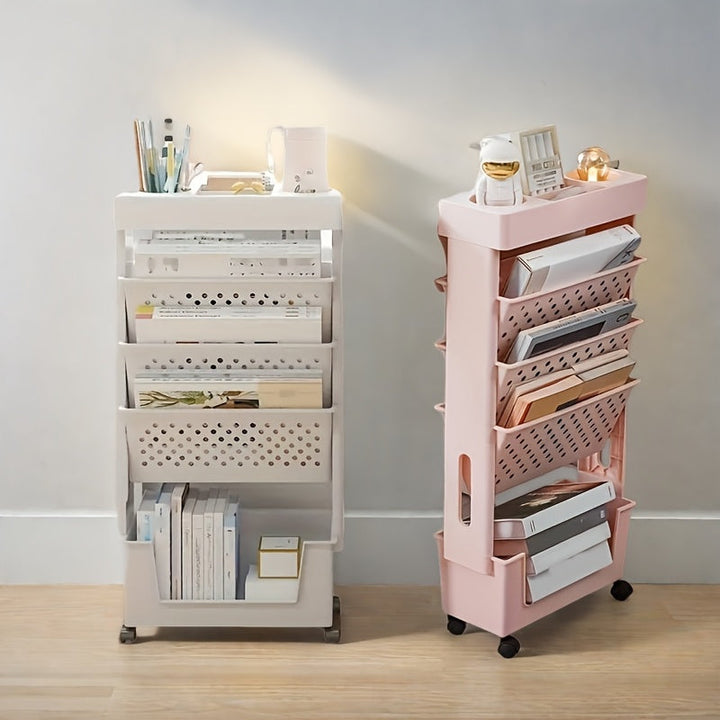 Estantería de Escritorio con 5 Niveles y Ruedas - Almacenamiento Multifuncional para Libros, Revistas y Periódicos - Adecuada para Oficina, Estudio, Dormitorio, Sala de Estar