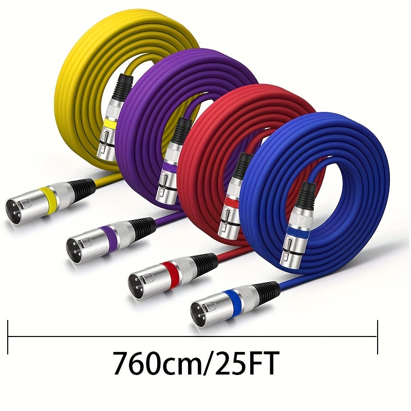 Conjunto de 6 Cables de Micrófono Balanceados XLR Macho a Hembra de 7.62 metros - 3 Pines, Anti-Interferencias, Diseño Autobloqueante, Colores Vibrantes (Rojo, Naranja, Amarillo, Verde, Azul, Morado) para un Sonido Claro y Fácil Identificación