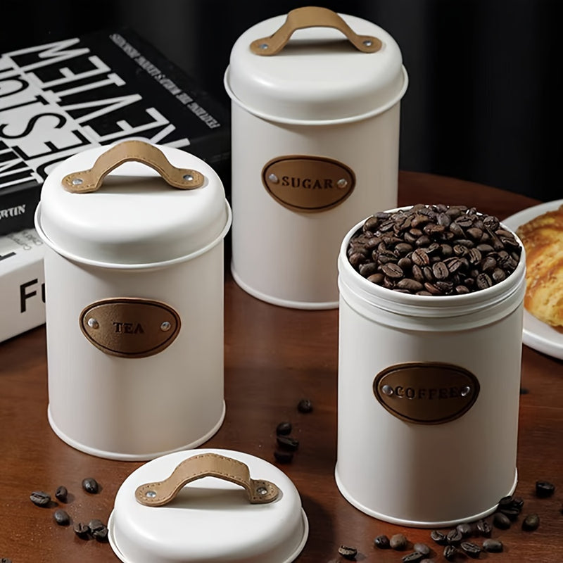 Conjunto de 3 piezas: lata de café blanca, lata de aperitivos para cocina, caja de dulces, tetera, arte de hierro galvanizado para recibir caja de hierro