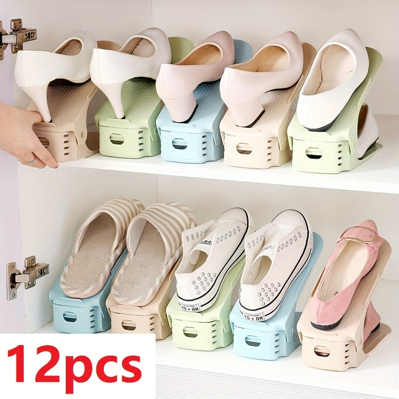 12 piezas de organizadores de zapatos de plástico ajustables, práctico organizador multiusos para entrada, sala, dormitorio, baño, hogar y residencia estudiantil - Blanco
