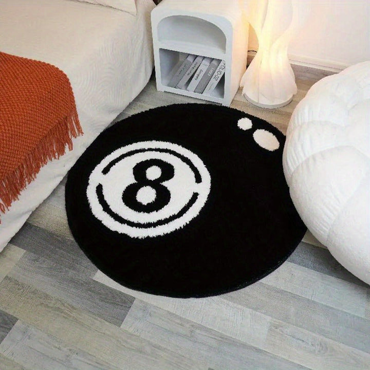 1pc Alfombra Redonda de Billar con Impresión del Número 8, Alfombra de Piso de Felpa Suave para Sala de Estar, Salón, Dormitorio, Decoración Interior Creativa, Lavar en Máquina, 100% Poliéster
