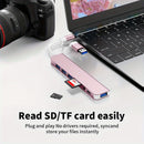 Un adaptador USB 8 en 1 con un conector de audio, diseñado para tabletas, con un adaptador multi puerto, alimentado por USB, que opera a 5V, compatible con tabletas.