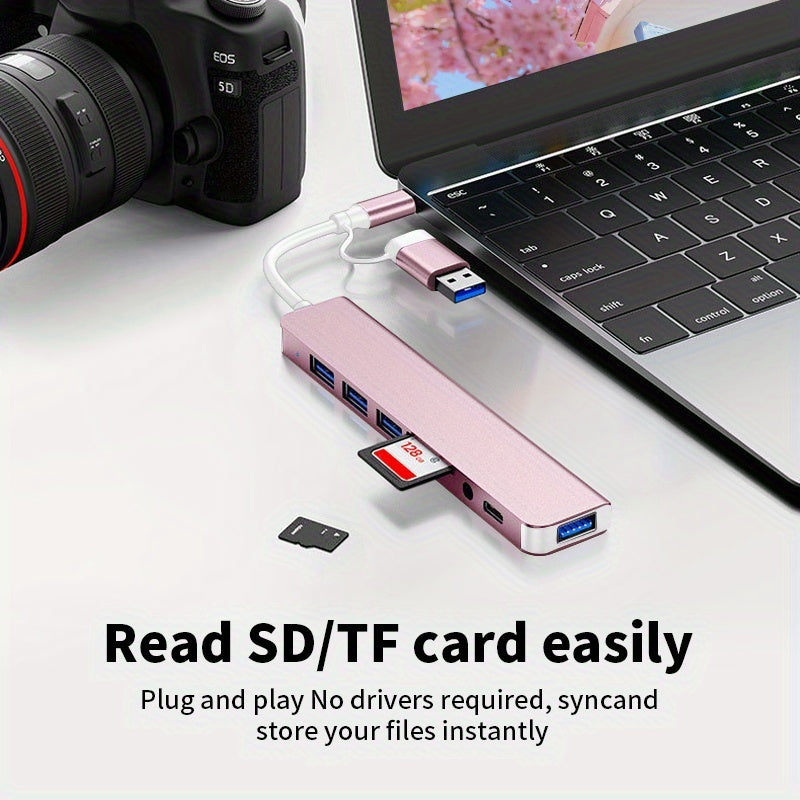 Un adaptador USB 8 en 1 con un conector de audio, diseñado para tabletas, con un adaptador multi puerto, alimentado por USB, que opera a 5V, compatible con tabletas.