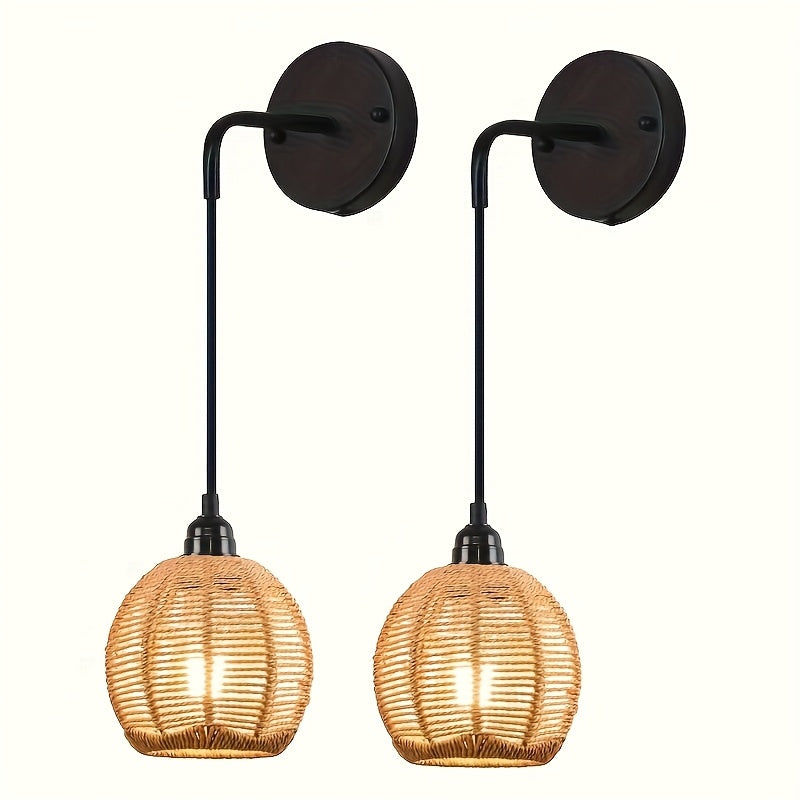 2 piezas de apliques de pared modernos estilo bohemio rústico con pantallas de ratán tejido a mano, montaje semiempotrado en metal pulido, luces desmontables para dormitorio, sala, pasillo (sin focos incluidos), iluminación de pared para dormitorio | Apl