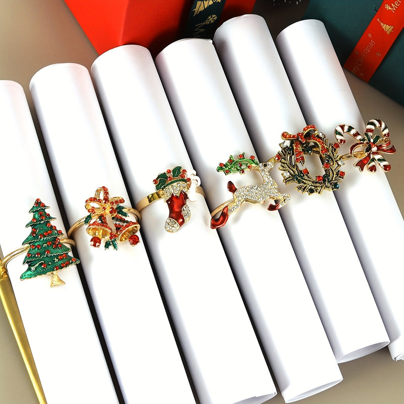 Servilletas de Navidad de 6 piezas - Decoración festiva de mesa de hierro fundido con diseños de árbol, campana, ciervo, corona, bastón de caramelo y bota para cenas navideñas