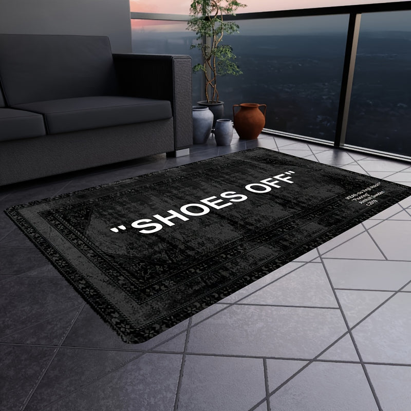 Tapete de bienvenida "SHOES OFF" rectangular antideslizante para sala, liviano, lavable, de poliéster, base de alfombra hecha a máquina, 1 cm de grosor, solo lavado a mano (1 pieza)