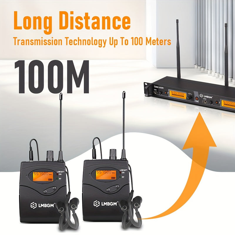 Sistema de Monitores Intraurales Inalámbricos UHF LMBGM AR2090 - Doble Canal, Control Táctil, Ideal para Músicos de Escenario y Estudio (Incluye 2 Cinturones y Transmisor), LMGBM