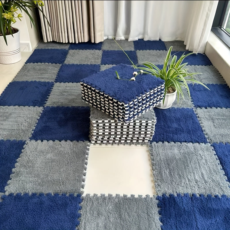 24 piezas de tapetes de peluche entrelazados - Diseño a cuadros en azul y gris, material lavable de EVA y poliéster, perfectos para decorar la sala, habitación o cuarto de juegos