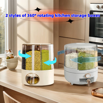 Balde de Arroz (Capacidad 4.54-6.8 KG), Dispensador de Almacenamiento de Granos, Caja para Granos Secos Giratoria 360°, 6 Compartimentos de Fácil Acceso para Granos Pequeños y Legumbres en la Cocina, ¡Caja de Almacenamiento de Arroz con Salida a Un Toque!