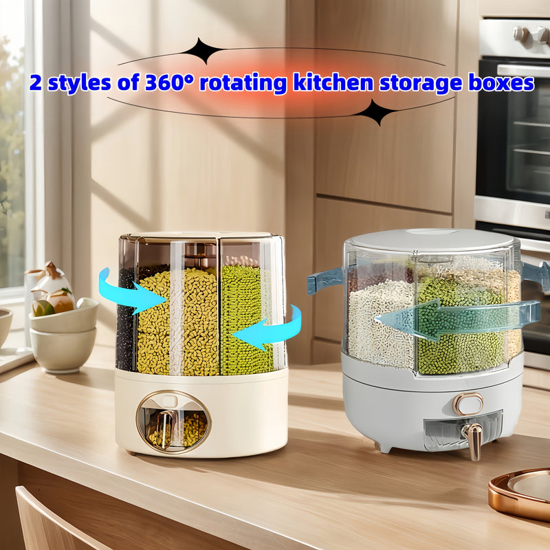 Balde de Arroz (Capacidad 4.54-6.8 KG), Dispensador de Almacenamiento de Granos, Caja para Granos Secos Giratoria 360°, 6 Compartimentos de Fácil Acceso para Granos Pequeños y Legumbres en la Cocina, ¡Caja de Almacenamiento de Arroz con Salida a Un Toque!