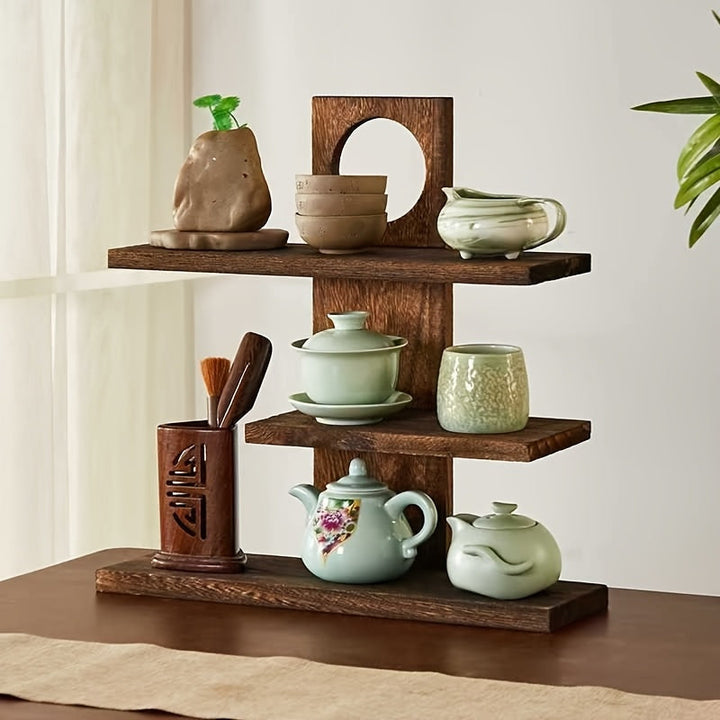 Estante de especias de cocina de madera dura estilo vintage con almacenamiento abierto - Ideal para exhibir juegos de té, tazas y persianas - Montaje en suelo, no necesita electricidad, perfecto para organizar cosméticos y perfumes, exhibición de juegos