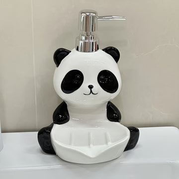 Porta jabón y dispensador de loción 2 en 1 con diseño de panda, multifuncional para baño, cocina o dormitorio, independiente, sin necesidad de electricidad, ideal para jabón, champú, gel de baño, detergente y accesorios de baño