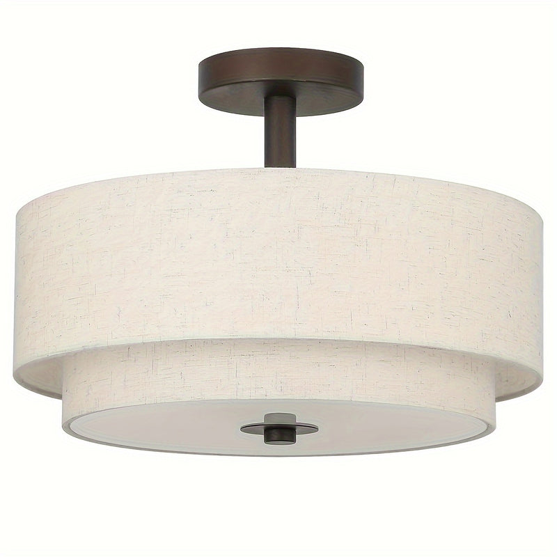 3 luces de montaje semi empotrado, luminaria de techo cercana con pantalla de tela, latón dorado retro, luz de tambor semi empotrado de 15.7 pulgadas para dormitorio y sala de estar