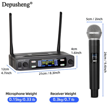 DEPUSHENG micrófono sin varillas profesional de dos canales portátil y manual, receptor sin varillas para KTV, familia, reuniones, canciones en vivo y actuaciones